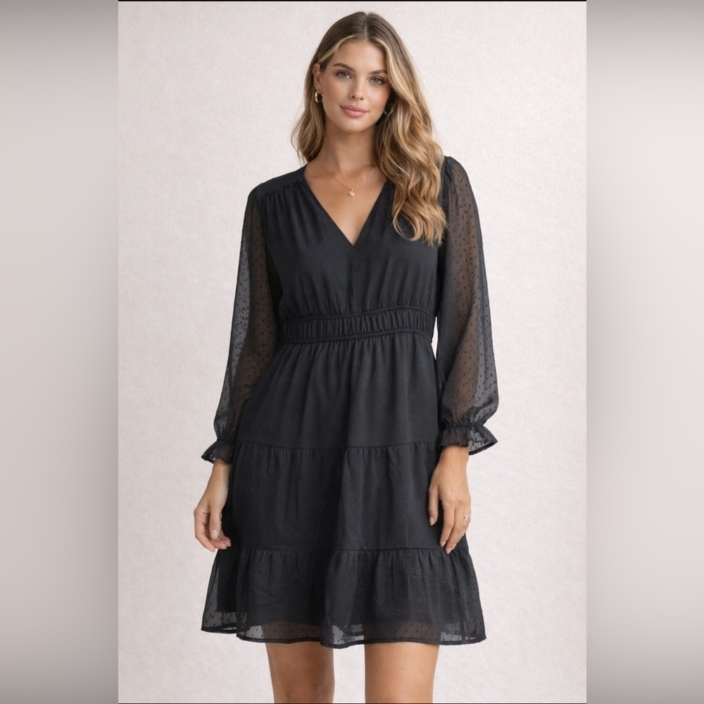LOFT Black V-Neck Long Sleeve Ruffled Tiered Dress. Size-12 Soft Romantic